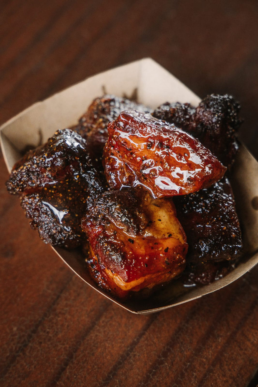Pork belly burnt ends, glazed and stacked