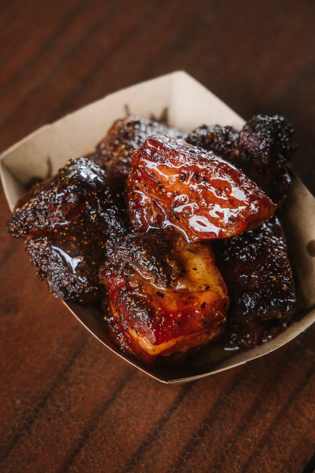 Pork belly burnt ends, glazed and stacked