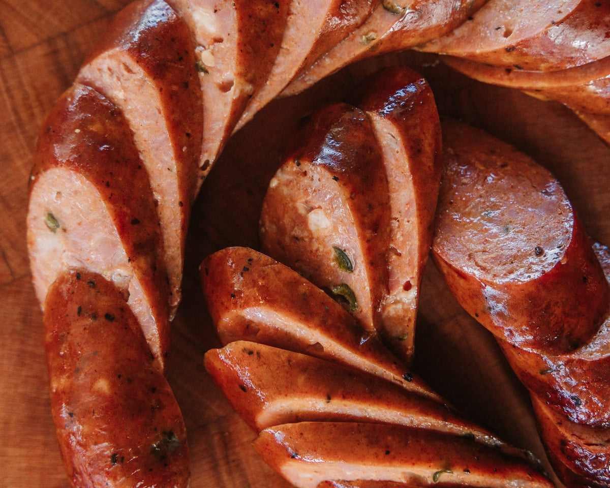 Poblano pepper jack sausage showing the cheese